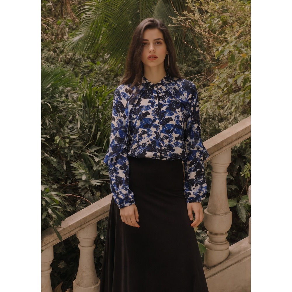 Lauren Ralph Lauren Blouse Womens L Blue Floral Ruffle Button Front Top